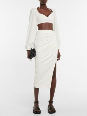 Jonathan Simkhai Hayden Ivory Ruched Midi Skirt Side Slit Size 6